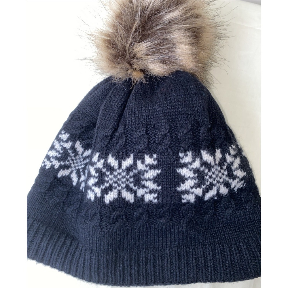 Turtle Fur Beanie Women OS Navy Blue Snowflake Fleece Lined Faux Fur